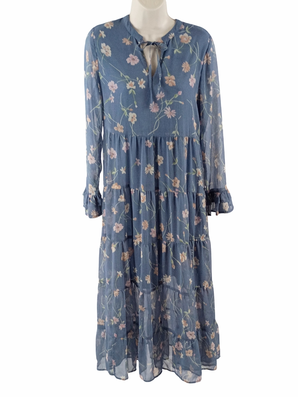 Patrons Of Peace Dusty Blue Floral Tie-Neck Maxi Dress
